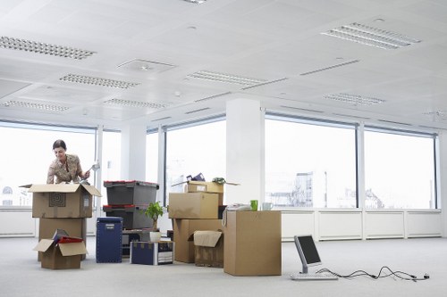 Packed office equipment ready for Waterloo office removal and transport